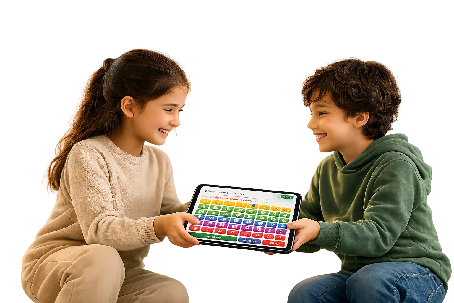 A child handing a Jessy tablet to another child